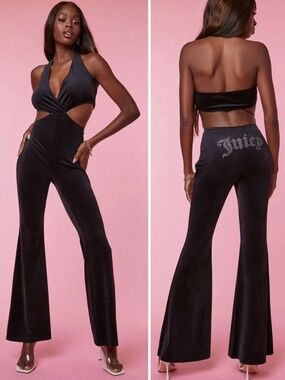 Juicy Couture Rhinestone Logo Velour Cutout Halter Flare Leg Jumpsuit